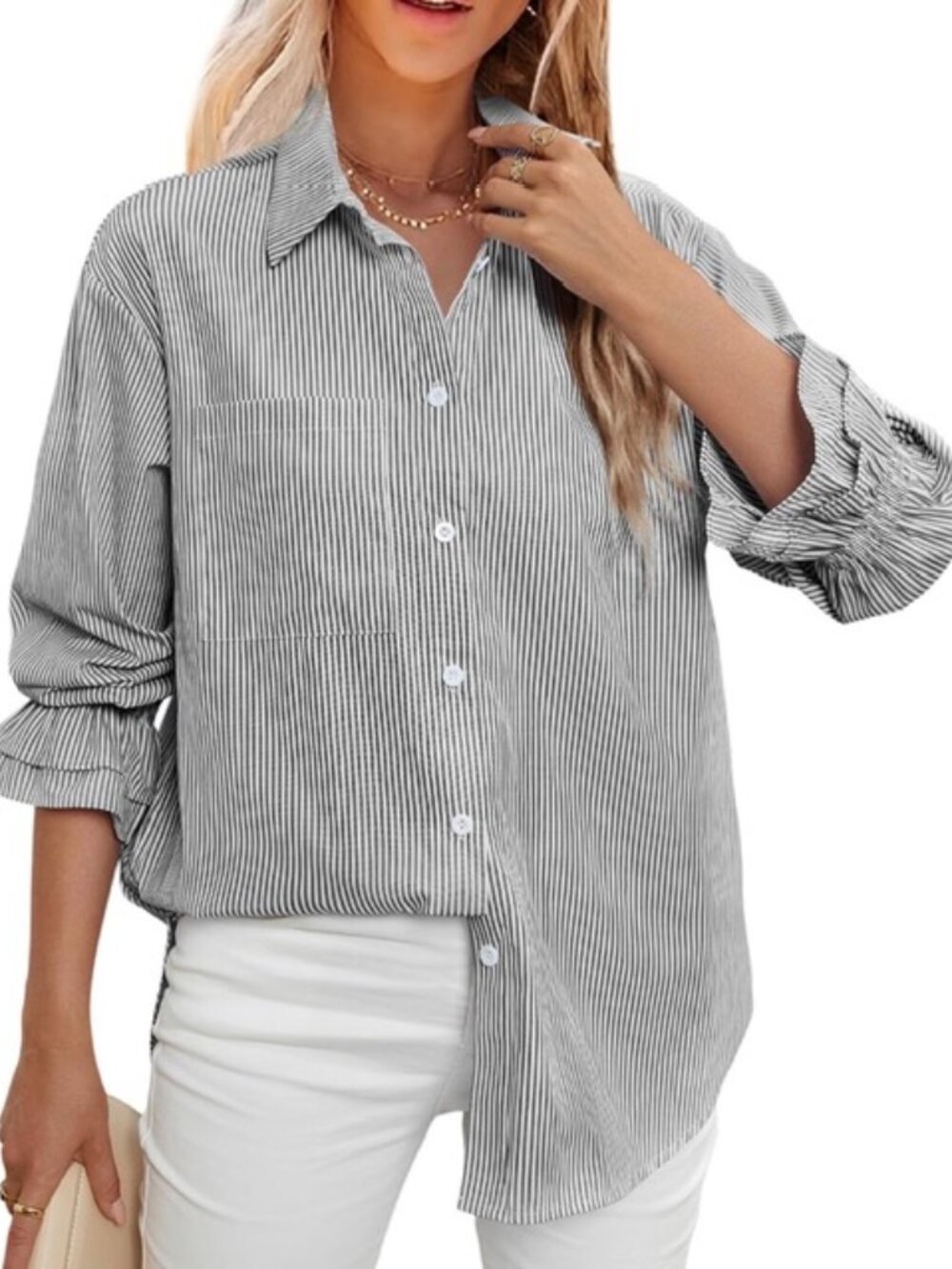 Women's Black White Stripe Button Down Ruffle Cuff Oversized Pocket Blouse Sz XL